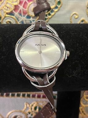 Julius Oval Silver Dial with Brown Braided Leather Strap Women's Watch